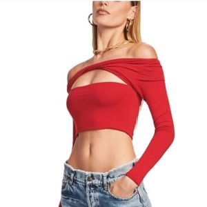 New! SER.O.YA Revolve Ellis Cut Out Long Sleeve Crop Top in Red Size M